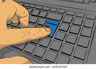 Gardening word on computer keyboard. Man push keypad on laptop. Comic book style concept.