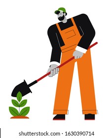 Trabajos de jardinería, ancianos con vectores de brotes de árboles y verduras. Herramienta y planta de palas, carácter masculino, agricultor en overalls plantando y creciendo. Agricultura y ganadería