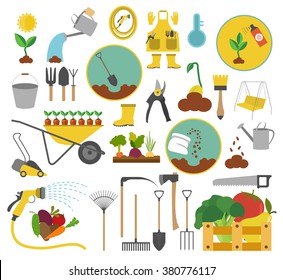 Gardening work, farming icon set. Flat style design. Vector illustration