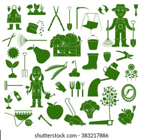 Gardening work, farming icon set. Flat style design. Vector illustration