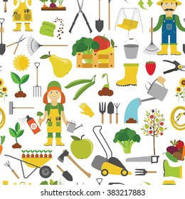 Gardening work, farming seamless pattern. Flat style design. Vector illustration