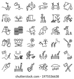 Gardening, work in the garden, seeding, care for seedlings and sprouts, watering a garden, the fight against pests. Icons set, vector, outline, isolated, 48x48 pixel.