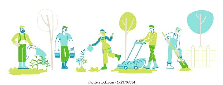 Gardening Work. Men Women Farmers or Gardeners Planting and Caring of Trees and Plants. Happy Characters Working in Summer Garden Watering, Digging, Care of Flowers. Linear People Vector Illustration