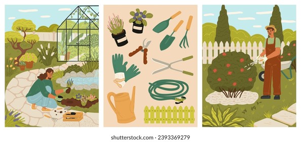 Gardening work scene set with happy gardener at greenhouse and orchard