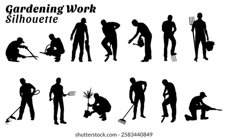 Gardening work silhouette vector illustration set