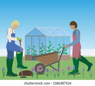 Gardening work in springtime, Two persons that digs for new plants and drives a wheel barrow. Vector Illustration.