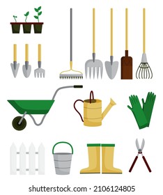 Gardening work tools flat collection. Equipment for working in garden, gardening cart, gloves, secateurs, shovel. Flat vector illustration set. 