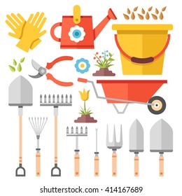 Gardening work tools flat icons set. Nice equipment for working in garden, gardening cart, gloves, secateurs, seeds, tulip flower, shovel, watering can, etc. Flat vector illustration set