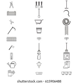 Gardening work tools flat icons set. Equipment for working in garden, gloves, secateurs, seeds, shovel, watering can. Flat vector illustration. Set of icons
