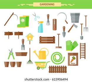 Gardening work tools flat icons set. Equipment for working in garden, gloves, secateurs, seeds, pruners, shovel, watering can. Flat vector illustration. Set of icons
