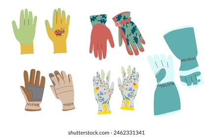 Gardening work Tools. Nice equipment for working in garden, set of gloves. Flat vector illustration isolate on white background. Gardening or horticulture concept. Design clipart elements