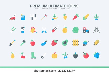 Gardening works and equipment to care grass on lawn, grow farm vegetables and fruit. Garden tools and cultivation of agriculture harvest trendy flat icons set vector illustration