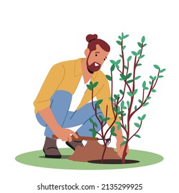 Gardening Works, Forest Restoration, Reforestation And Planting Trees Concept. Volunteer Character Planting Tree Seedlings, Save Nature, Environment Protection. Cartoon People Vector Illustration