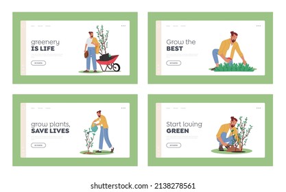 Gardening Works, Reforestation, Nature And Ecology Landing Page Template Set. World Environment Day, Characters Planting Growing Trees Into Soil Working In Garden. Cartoon People Vector Illustration