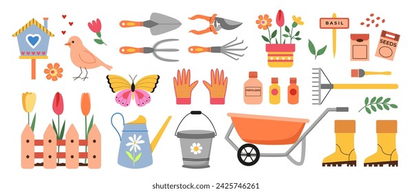 Gardening works at spring time. Farming, horticulture, planting. Garden gear, watering can, bucket, wheelbarrow, seeds, plants, fertilizer, boots, gloves, birdhouse. Hand drawn. Vector isolated.