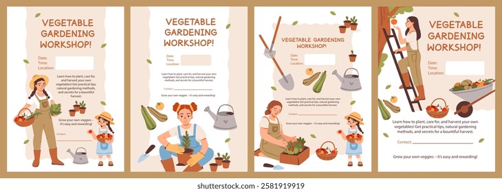 Gardening workshop invitation. Banner template for a gardening and sustainability workshop. Vibrant outdoor scene with people harvesting, designed for eco-friendly events, farm promotions