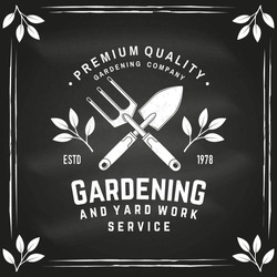 Gardening And Yard Work Services Emblem, Label, Badge, Logo On Chalkboard. Vector Illustration. For Sign, Patch, Shirt Design With Hand Garden Trowel, Farming Fork, Gardening Equipment Silhouette.