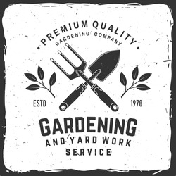 Gardening And Yard Work Services Emblem, Label, Badge, Logo. Vector Illustration. For Sign, Patch, Shirt Design With Hand Garden Trowel, Farming Fork, Gardening Equipment Silhouette.
