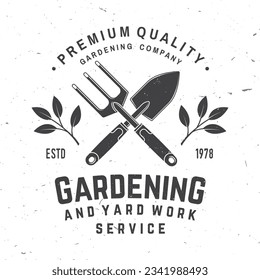 Gardening and yard work services emblem, label, badge, logo. Vector illustration. For sign, patch, shirt design with hand garden trowel, farming fork, gardening equipment silhouette.