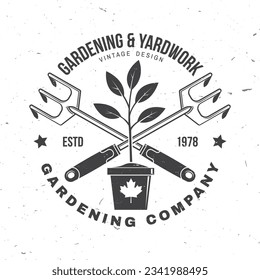 Gardening and yard work services emblem, label, badge, logo. Vector illustration. For sign, patch, shirt design with hand garden rake, gardening equipment silhouette.