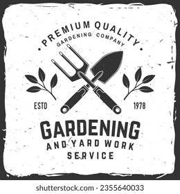 Gardening and yard work services emblem, label, badge, logo. Vector illustration. For sign, patch, shirt design with hand garden trowel, farming fork, gardening equipment silhouette.