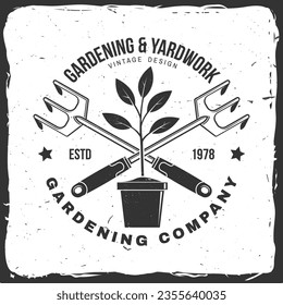 Gardening and yard work services emblem, label, badge, logo. Vector illustration. For sign, patch, shirt design with hand garden rake, gardening equipment silhouette.