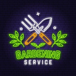 Gardening And Yard Work Services Neon Emblem, Label, Badge, Logo. Vector. For Sign, Patch, Shirt Design With Hand Garden Trowel, Farming Fork, Gardening Equipment Signboards Glowing With Colorful Neon