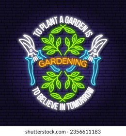 Servicios de jardinería y de trabajo en el jardín emblema de neón, etiqueta, placa, logotipo. Vector. Para signos, parches, diseño de camisas con secadores de manos, podadoras de jardín, carteles de equipamiento de jardinería brillando con neón colorido