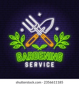 Gardening and yard work services neon emblem, label, badge, logo. Vector. For sign, patch, shirt design with hand garden trowel, farming fork, gardening equipment signboards glowing with colorful neon