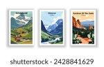Gardens Of The Gods, Colorado. Glencoe, Scotland. Grindelwald, Switzerland - Vintage travel poster. Vector illustration. High quality prints