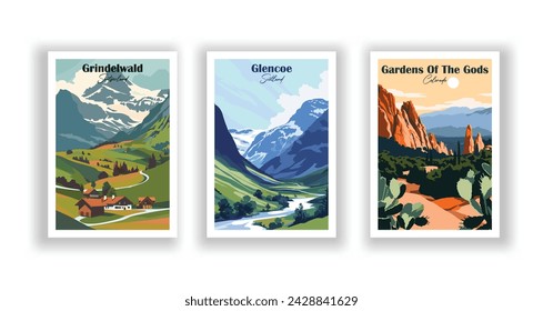 Gardens Of The Gods, Colorado. Glencoe, Scotland. Grindelwald, Switzerland - Vintage travel poster. Vector illustration. High quality prints