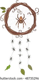 Garden-spider sitting in a web in a wreath of vines, forming a dream catcher and hanging flies on the webs, vector illustration, eps-10