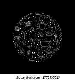 Garden.Vector isolated illustration with a shovel, bucket, rake, plant, cart, scissors, vegetables on a black background. Separate elements for gardening. Doodle style.  Garden elements.