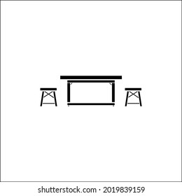 gardering dinner table with garden wooden table with  stools,  vector illustration