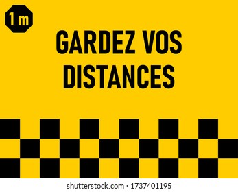 Gardez Vos Distances ("Keep Your Distance" in French) 1 m or 1 Metre Checkered Rectangular Social Distancing Floor Marking Sticker Icon with an Aspect Ratio of 4:3. Vector Image.