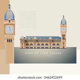 Gare de Lyon - FACADE - París, Francia - Ilustración de stock con EPS 10 Archivo