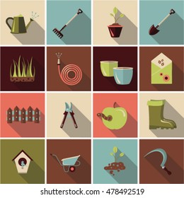 Gargening and sickle, watering can, rake, pots for plants, shovel, grass, for watering hose, pots for plants, Plants' seeds, scissors, apple with worm,rubber boots, , soil flat icon vector illustrator