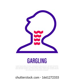 Gargling throat thin line icon. Medical treatment for sore throat, flu, virus. Healthcare and medical vector illustration.