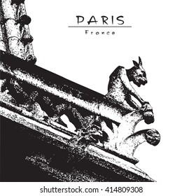 Gargoyle, chimera. Exterior facade of gothic cathedral. Paris, France. Black and white vector engraved Image.
EPS 10. The view from the public square.