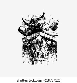 Gargoyle Chimera of Notre-Dame de Paris, engraved, hand drawn vector illustration with gothic guardians include architectual elements, vintage statue medieval