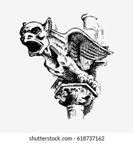 Gargoyle Chimera of Notre-Dame de Paris, engraved, hand drawn vector illustration with gothic guardians include architectual elements, vintage statue medieval