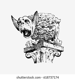 Gargoyle Chimera of Notre-Dame de Paris, engraved, hand drawn vector illustration with gothic guardians include architectual elements, vintage statue medieval