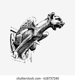 Gargoyle Chimera of Notre-Dame de Paris, engraved, hand drawn vector illustration with gothic guardians include architectual elements, vintage statue medieval