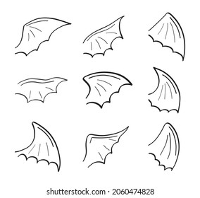 Gargoyle, demon, devil doodle wing set vector. Hand drawn pencil style wing. Bat, vampire silhouette collection in line art.