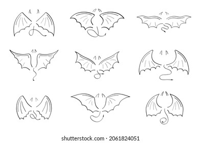 Gargoyle, demonio, vector del ala del doodle del diablo. Ala estilo lápiz dibujado a mano. Murciélago, colección de siluetas de vampiros en el arte de la línea.