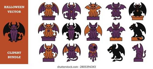 Gargoyle halloween vector cartoon illustration. collection of different scary statues and monsters. creepy and spooky symbol of gothic architecture.