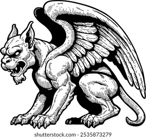 Gargoyle, a large cat with wings, vector drawing