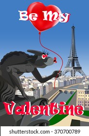 Gargoyle of Notre Dame in love. Paris and Eiffel Tower on the background. Vector illustration. Card Valentine's Day. All elements are on separate layers