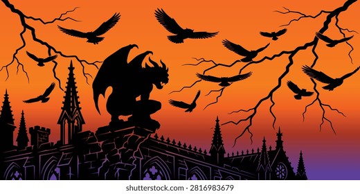 Gargoyle on gothic castle roof silhouette against orange sunset sky
