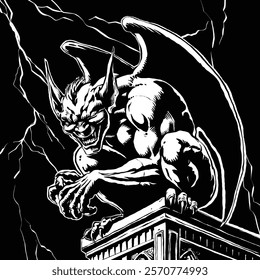 Gargoyle on the top of building looks terrified with thunderstorms in background vector graphics